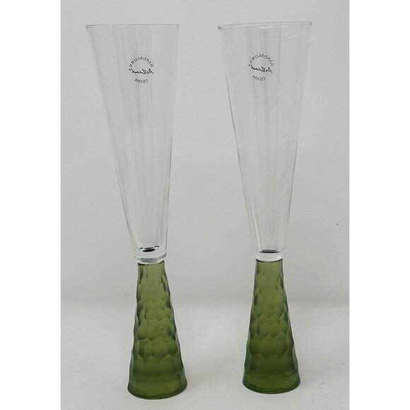 ARTLAND PRESCOTT Crystal Champagne Flutes Handblown Honeycomb GREEN Set of 2 - Picture 3 of 11